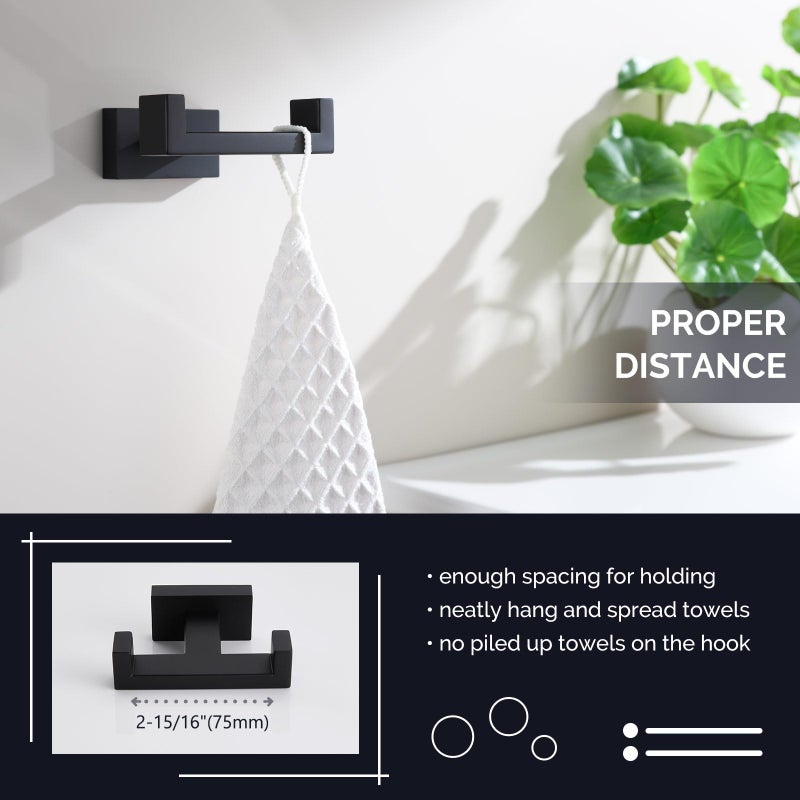 Angle Simple Double Towel Hook Matte Black, Stainless Steel Bathroom Towel Holder, Coat Robe Hook Wall Mount - Image 5